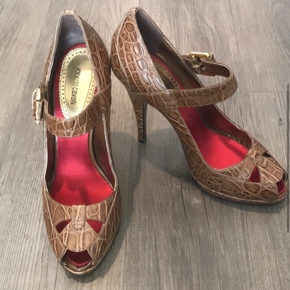 Roberto Cavalli Vintage Crocodile Embossed Leather Peep Toe Shoes - Picture 5 of 11